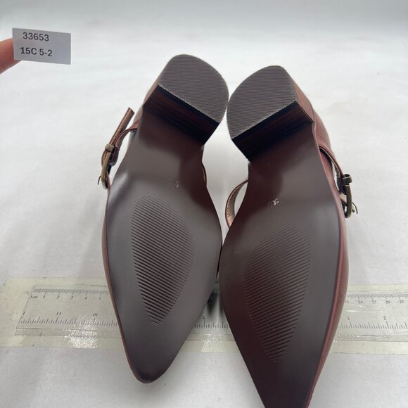 YDN Brown Pumps Pointed Toe Mary Jane Chunky Heels Loafers Hollow Buckle Shoes - Picture 7 of 8